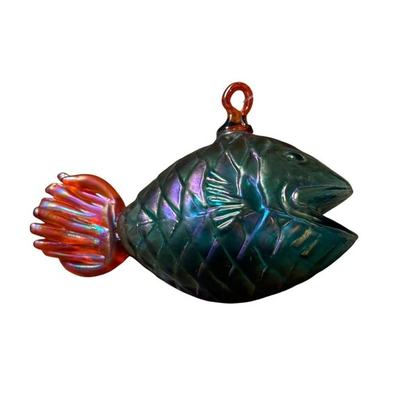 Hand Blown Glass Fish Ornament Blue Iridescent With Orange Tail - Picture 1 of 8